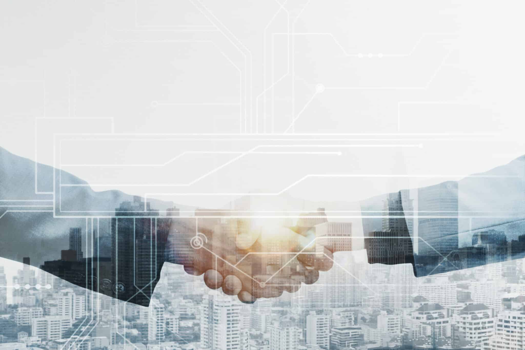 Business Partners Handshake Global Corporate With Technology Con